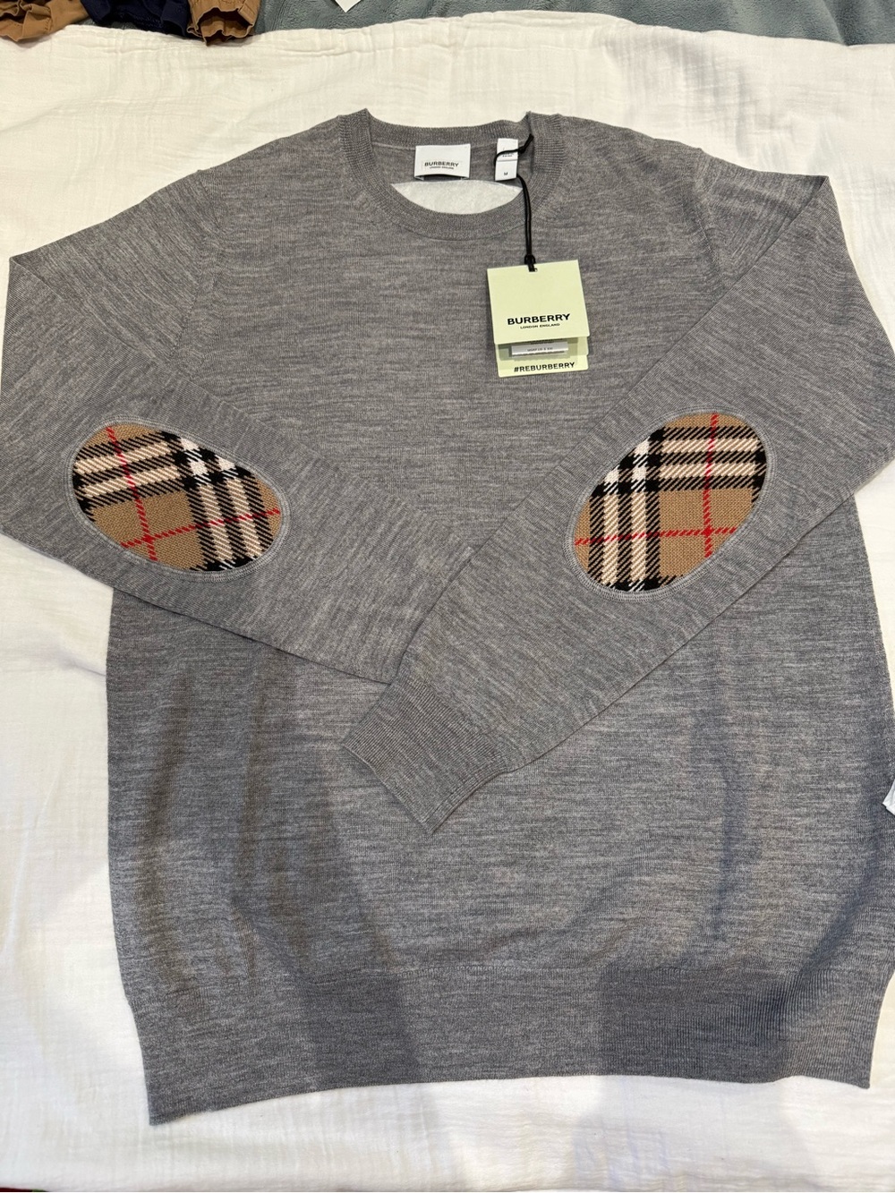 Burberry Grey Crewneck Sweater with Vintage Check Elbow Patches